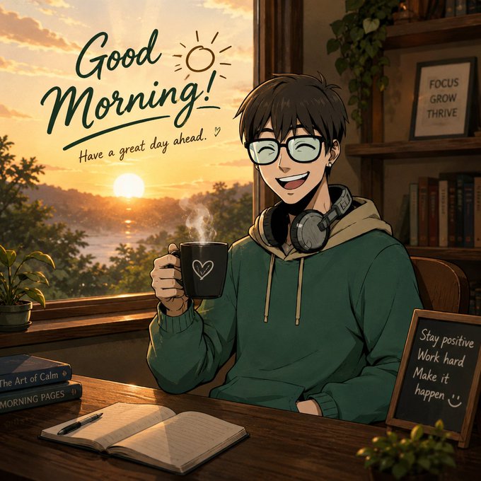 The image features a man sitting at a desk holding a cup of coffee while looking out a window. The background shows a sunset over water, creating a serene atmosphere. There are several books scattered around the room, suggesting that this could be a workspace or study area for someone who enjoys reading and writing.