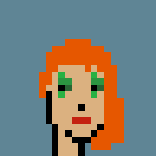 A low-resolution pixel art portrait of a figure with orange hair and green eyes.