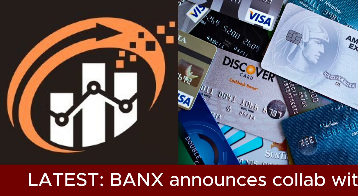 The image features a collage of various types of bank cards scattered across the background. The main focus of the image is a banner that reads "LATEST: BANKX announces collaboration with @BanXchange AND promises a new July 17th exchange listing." This text is positioned above an image of different credit card designs, including Visa and Mastercard. The text also includes the words "BANX" and "collaborates" to emphasize the connection between the bank cards in the collage and the collaboration with BanXchange.