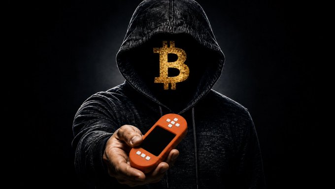 A hooded figure with a golden Bitcoin "B" obscuring their face extends a small orange hardware wallet toward the viewer, symbolizing the anonymous, security-focused nature of self-custody setups like SeedSigner mnemonic and passphrase creation warned about in the post. The image evokes the "Fat Finger" risk the author highlights—where a single slip during seed setup could compromise an entire Bitcoin wallet.