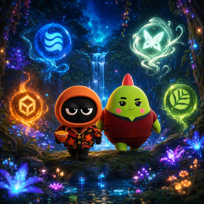 A vibrant fantasy digital artwork showing two cartoonish characters—one in a black hood with a gold chain and another green creature—in a glowing forest setting with elemental symbols floating around them.
