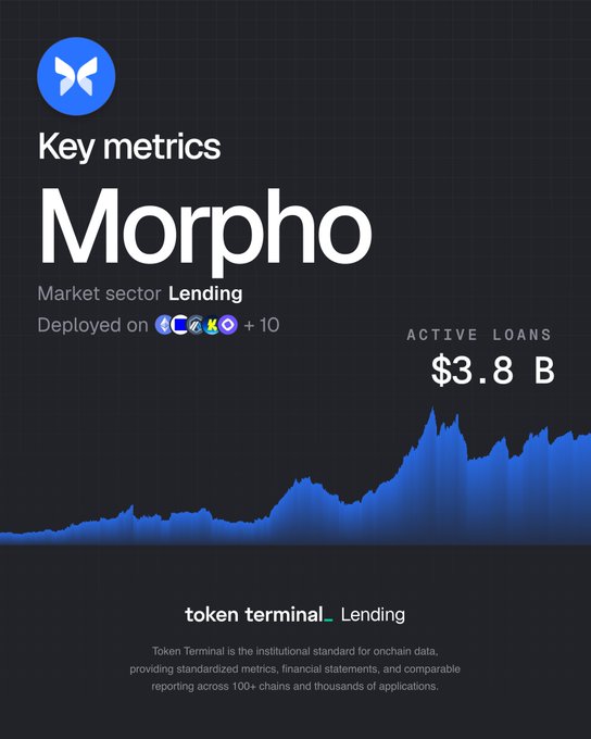 A Token Terminal key metrics card for Morpho, showing it operates in the Lending sector with $3.8B in active loans, deployed across 13+ chains. The image provides context to the post by highlighting Morpho's existing lending scale, illustrating the potential upside if even a small percentage of Robinhood's $377B in platform assets flowed through Robinhood Earn's Morpho-powered infrastructure.