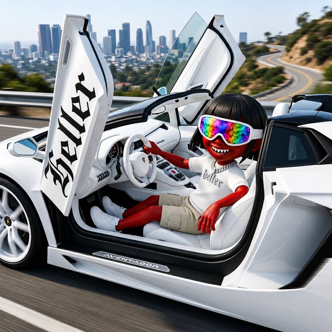 A cartoonish red-skinned figure with a wide grin, rainbow shutter shades, and a "Baller" shirt sits inside a white Lamborghini Aventador with its scissor doors open, driving on a highway with the Los Angeles skyline in the background. The image pairs with the "Can I get a Gm?" post by exuding a flashy, hyped-up crypto/GM vibe—welcoming the audience with luxury, swag, and high-energy positivity.