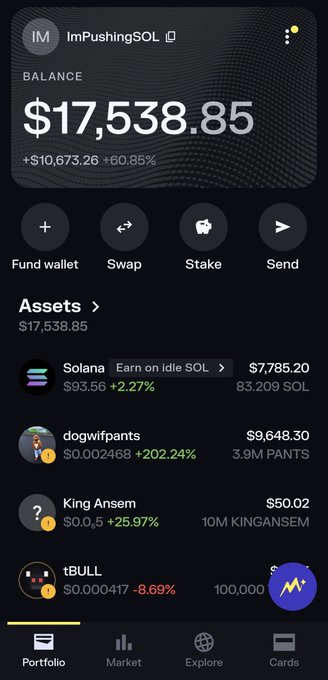A screenshot of the ImPushingSOL Phantom wallet portfolio showing a balance of $17,538.85 (+60.85%), with the largest holding being 3.9M $PANTS (dogwifpants) valued at $9,648.30, correlating with the post about receiving $10,000 worth of $PANTS as an airdrop reward.