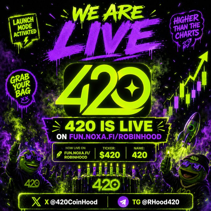 Vibrant neon purple and green graphic announcing that '420 IS LIVE' on FUN.NOXA.FI/ROBINHOOD with ticker and name '420', featuring Pepe-style frog characters wearing 420-themed sunglasses and social handles x@420CoinHood and TG@RHood420.