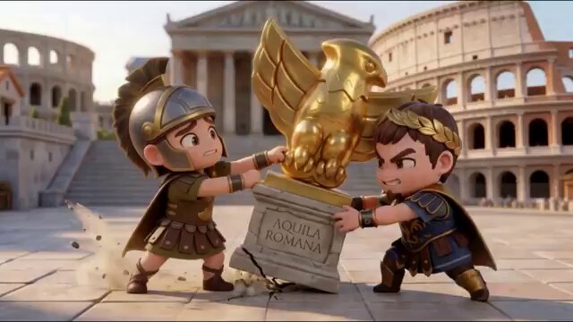 The image features two cartoon characters dressed in ancient Roman clothing and fighting over an ornate golden pedestal or a "Battle of Rome" plaque, which could be related to the Roman Empire. The characters are depicted holding the pedestal up to display its significance. In the background, there is an impressive view of a Roman colosseum under construction.