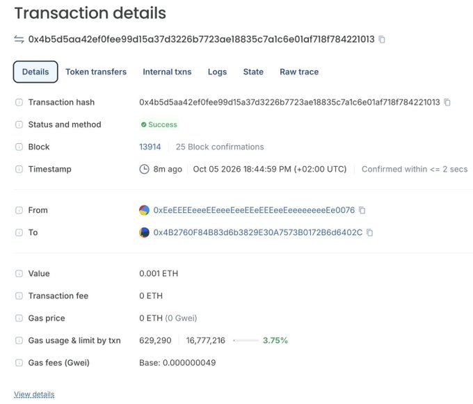 A screenshot of a blockchain transaction details page showing a successful ETH transaction of 0.001 ETH between two accounts, with a timestamp of Oct 05 2026.