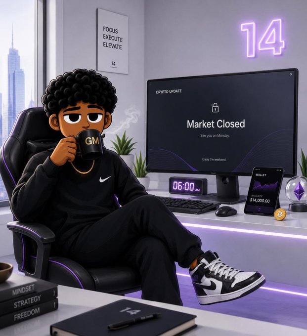 A cartoon illustration shows a young man in Nike apparel sitting in a gaming chair holding a 'GM' mug, with his monitor displaying 'Crypto Update: Market Closed' and his wallet showing $14,000.00, with '14' displayed on the wall.