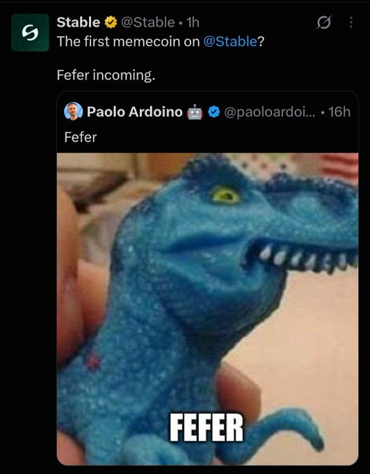 A social media post from 'Stable' about 'Fefer incoming' quoting a post from Paolo Ardoino showing a blue dinosaur toy with 'FEFER' text.