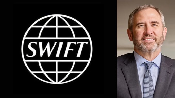 The image shows the SWIFT logo on the left and a professional headshot of a man in a suit on the right, relating to the post's claim about XRP being tested on SWIFT's network. The post highlights that over 11,000 banks have reportedly tested XRP on SWIFT, suggesting that even minimal adoption (1%) could drive XRP's price to $100.