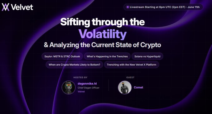 The image shows a purple background with text in white that says "Sitting through the Volatility & Analyzing the Current State of Crypto" along with an image of a person's face. It appears to be part of an online live event on the website @velvet, discussing the current state of cryptocurrency markets and how it relates to the market analysis of another individual named @comecalls. The event is scheduled for Saturday at 11AM - 8PM and is available for viewers with the option to join from the live stream.