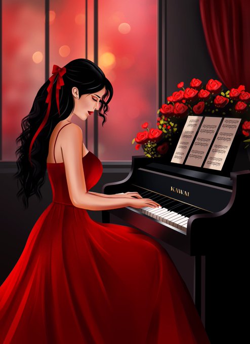 A digital illustration depicts a woman with long black hair wearing a flowing red dress, playing a black Kawai piano adorned with red roses and sheet music.