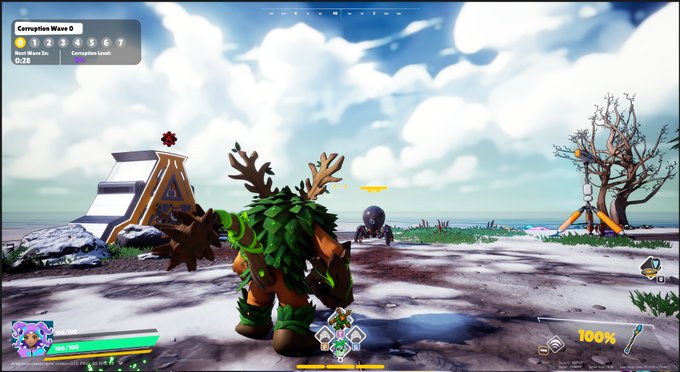 A screenshot from a video game showing a character with antlers and a leafy outfit in a snowy landscape during 'Corruption Wave 0' with 100% completion.