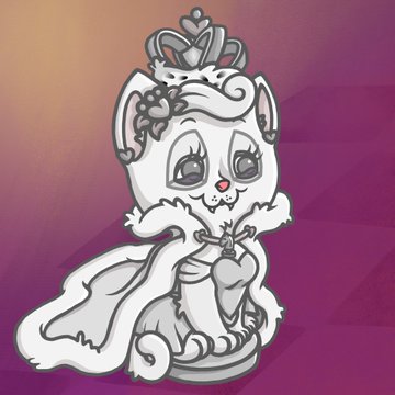 Digital illustration of a stylized, princess-like white cat with large blue eyes and a tiara, sitting against a gradient pink and purple background.