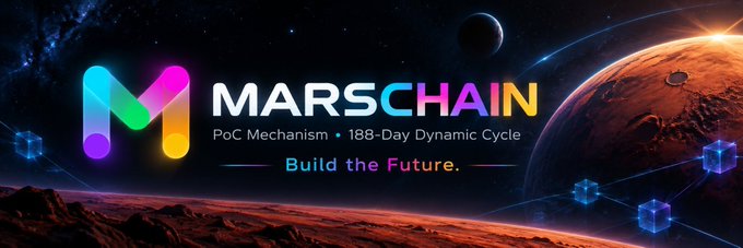 A promotional banner for 'MARSCHAIN' featuring a colorful logo, the text 'PoC Mechanism • 188-Day Dynamic Cycle' and 'Build the Future,' set against a space backdrop with planets and blockchain cubes.