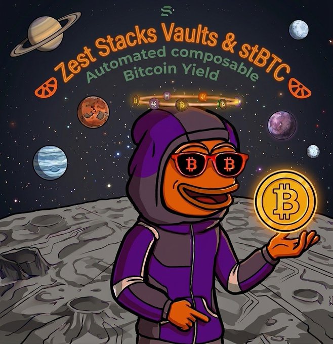 A Pepe the Frog cartoon character in a purple space suit and Bitcoin-logo sunglasses stands on a moon-like surface holding a Bitcoin coin, with text reading 'Zest Stacks Vaults & stBTC - Automated composable Bitcoin Yield' against a cosmic background.