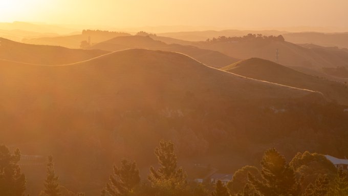 A scenic landscape view of rolling hills bathed in warm golden sunset light, with silhouetted trees in the foreground and a hazy orange sky.