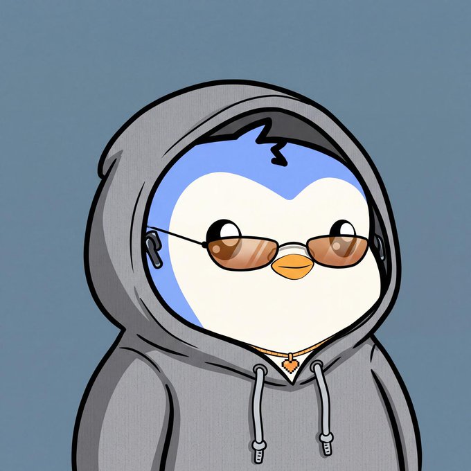 A cartoon penguin wears a gray hoodie and orange-tinted sunglasses, with a small orange heart necklace visible against a plain gray-blue background.