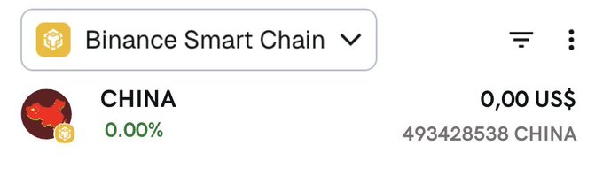 A Binance Smart Chain wallet screenshot displays a balance of 493,428,538 CHINA tokens (ticker "CHINA") valued at $0.00, presented alongside a crypto airdrop announcement promoting 125,000 CHINA tokens per qualifying wallet. The image visually emphasizes the massive token supply held in a single wallet, contrasting sharply with the post's promise of free airdrop distributions to the first 888 participants.