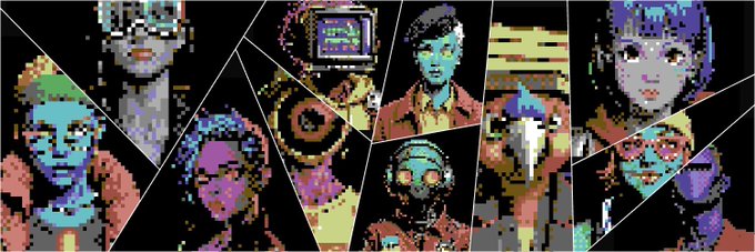 A pixel art collage divided into geometric shards displays various characters including a figure with a TV head, a person with a mohawk, and other stylized portraits against a black background.