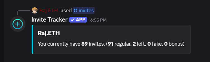 The image shows a Discord message from user "Raj.ETH" using the Invite Tracker app, which indicates they have **89 invites** (91 regular, 2 left, 0 fake, 0 bonus), suggesting they are an active community member. This relates to the post by highlighting the poster's legitimate invite count as evidence of their genuine contribution, in contrast to the "KOLs with botted followers" being given whitelists.