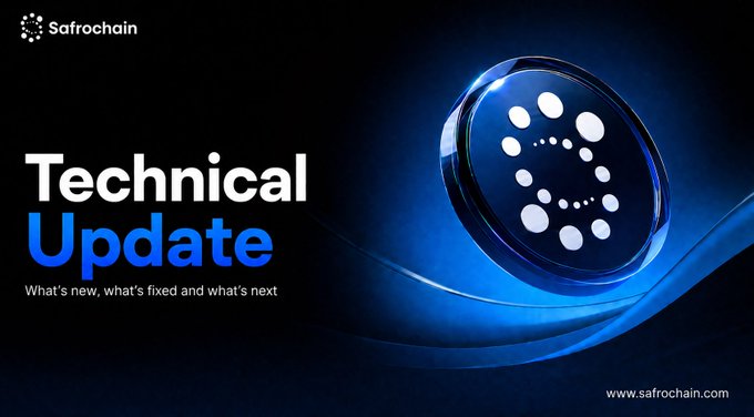 A dark blue graphic featuring the Safrochain logo with text 'Technical Update - What's new, what's fixed and what's next' and the website www.safrochain.com.