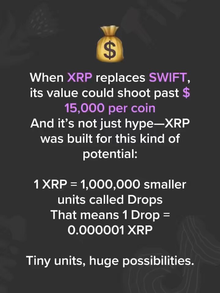 The image shows a black and white photograph of a postcard with text written at the bottom. The text states that when XRP replaces SWIFT, its value could shoot past $15,000 per coin. This means that if XRP were to replace SWIFT, each coin would be worth more than 15,000 units called Drops. These drops are then used to build a new cryptocurrency named XRP. In the image, there is also an icon featuring a gold dollar sign with a purple value. The text at the bottom reads "1 XRP = 1,000,000 smaller units called Drops That means 1 Drop = 0.000001 XRP Tiny units, huge possibilities." This information provides insight into the potential benefits of using XRP instead of SWIFT in terms of cryptocurrency value and usage.
