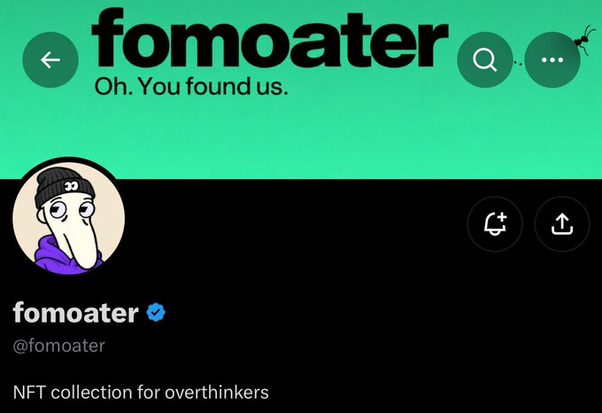 The image shows a Spotify-style profile page for "Fomoater" (@fomoater), an NFT collection described as being "for overthinkers," featuring a cartoon character with a long nose wearing a beanie, set against a green and black background. This aligns with the accompanying post about the Fomoater NFT collection, highlighting its playful character-driven universe and the tiny ant theme mentioned in the description.