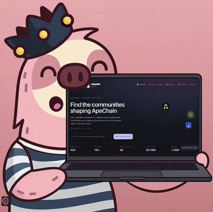 A cartoon pig character wearing a crown holds a laptop displaying the Onape website with text 'Find the communities shaping ApeChain' and various community statistics.