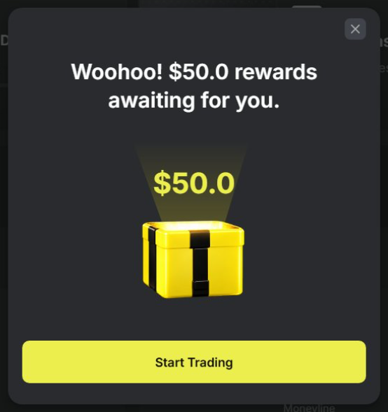The image features a promotional pop-up announcing "$50.0 rewards awaiting for you" above an open gift box, with a bright yellow "Start Trading" button at the bottom.

This visual aligns with the post about BASE users receiving surprise drop rewards from @predofficial, where one wallet has been credited $50 in rewards, prompting users to check their wallets and start trading to claim their earnings.
