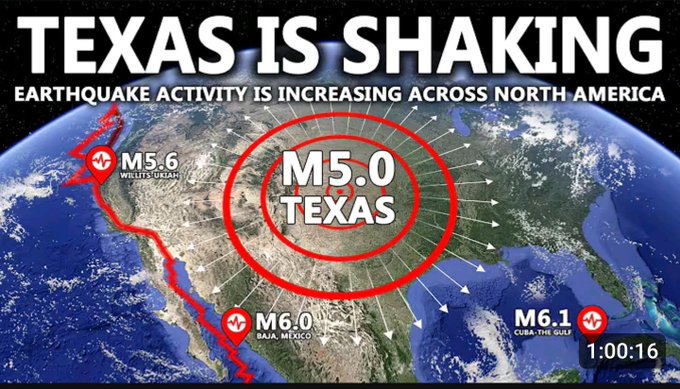 A YouTube-style thumbnail titled "TEXAS IS SHAKING" shows a map of North America highlighting a M5.0 earthquake in Texas, along with recent seismic activity including an M5.6 in Wells, Utah, an M6.0 in Baja, Mexico, and an M6.1 near Cuba, with arrows radiating outward from Texas to suggest widespread shaking.