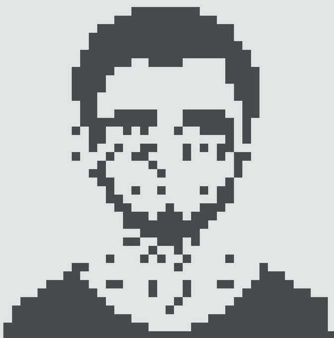 A pixelated, monochrome portrait of a man with glasses, rendered in a blocky, low-resolution style typical of on-chain NFT art. The image aligns with the post's reference to "@normiesART," showcasing the stark black-and-white aesthetic of the pixel artwork being discussed.