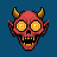 A pixel art illustration of a red demon skull with glowing yellow eyes and small horns against a blue background.