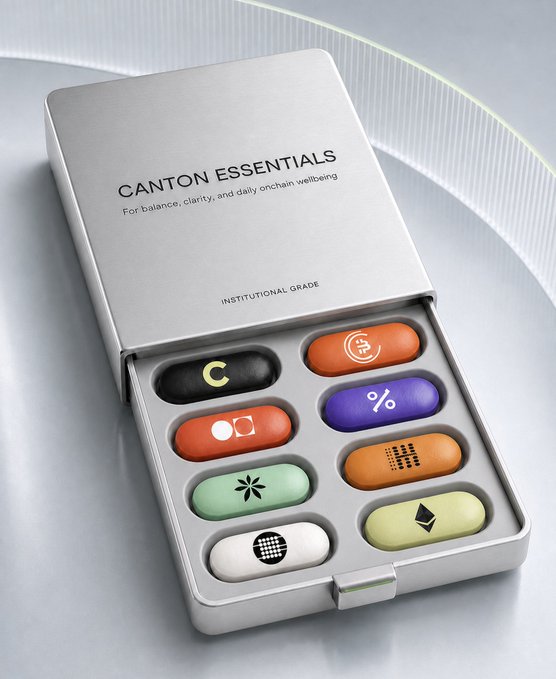A 3D rendered product image of a silver pillbox labeled 'CANTON ESSENTIALS - For balance, clarity, and daily onchain wellbeing' containing colorful pills marked with various cryptocurrency symbols.