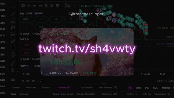 The image shows a cryptocurrency trading dashboard (likely Axiom or similar) displaying a "$+ $552.00" profit with a P&L entry of "$398.00" and "+88.44%," overlaid with a "twitch.tv/sh4vwty" stream promotion and a "TERMINAL" thumbnail. It relates to the post by showcasing the trader's successful call—bonding curve completion resulting in a significant gain—as evidenced by the chart pattern showing an upward price surge consistent with the token reaching 75k market cap after bonding.