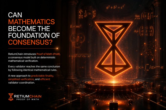RetiumChain promotional graphic asking 'CAN MATHEMATICS BECOME THE FOUNDATION OF CONSENSUS?' introducing 'Proof of Math (PoM)' as a consensus model with mathematical verification.