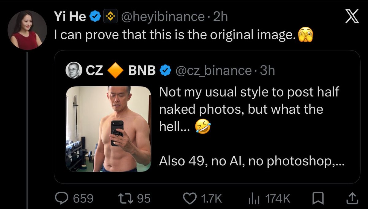 A screenshot of an X post by Yi He (@heyibinance) quoting CZ (@cz_binance), who shared a shirtless mirror selfie captioned "Not my usual style to post half naked photos, but what the hell..." alongside "Also 49, no AI, no photoshop," with Yi He humorously claiming she can prove it's the original image, suggesting a celebration tied to CZ and Yi He's connection.