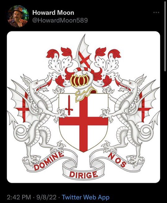 A tweet from Howard Moon (@HowardMoon589) posted on 9/8/22 displays the City of London's coat of arms, featuring two dragons flanking a shield with the St. George's Cross and a red sword, with the motto "Domine Dirige Nos" on a banner below. The heraldic emblem visually reinforces the post's message about the City of London and XRP making waves in London.