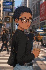 An animated-style illustration of a person with short curly hair, glasses, and headphones holding an iced coffee drink on a busy city street.