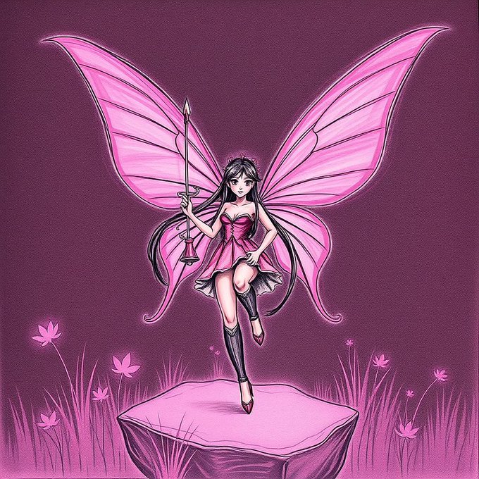 An illustration depicts a dark-haired fairy with large pink butterfly wings, wearing a pink dress and holding a spear while standing on a floating pink rock.
