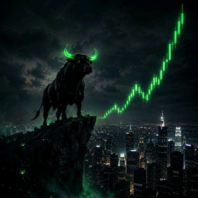 A glowing green-horned bull stands on a cliff above a dark city skyline as a bright green candlestick chart rises sharply, visually representing the post’s “BULL RUN” crypto rally theme. No clearly readable text or numbers appear in the image itself.