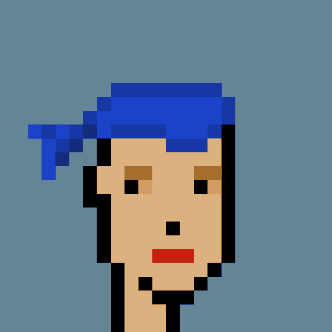 A pixelated portrait of a Cryptopunk character with a blue bandana and brown eyebrows, representing Punk #2154 which was purchased for 33 ETH ($63,957 USD) by address 0xac4c...e56e.