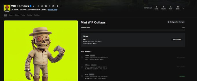 A webpage for 'WIF Outlaws' NFT collection showing a 3D-rendered skeleton character with a red eye on a bright yellow background, with a mint price of 3,222.