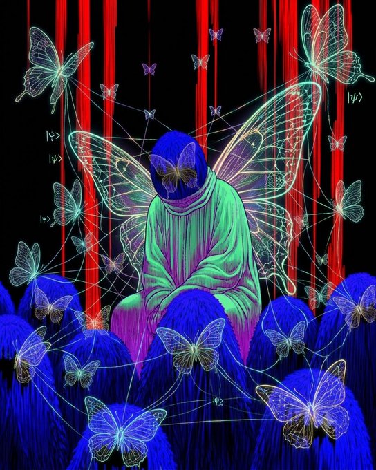 A stylized digital artwork featuring a hooded figure in green surrounded by glowing blue butterflies and crowds of people, with red vertical streaks and quantum notation symbols in the background.