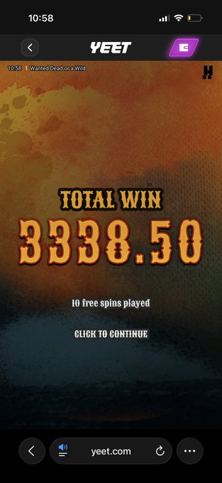 A mobile screenshot from yeet.com displays a 'TOTAL WIN' of '3338.50' in Western-style font after 10 free spins on a 'Wanted Dead or Wild' game.