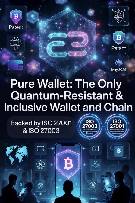 The image features a poster with a group of people standing around, all looking at their phones. The poster has a lot of text written on it, including information about Quantum Computing threats and how they are affecting the crypto world. It also talks about the importance of having a Quantum-resistant wallet to protect against these threats.