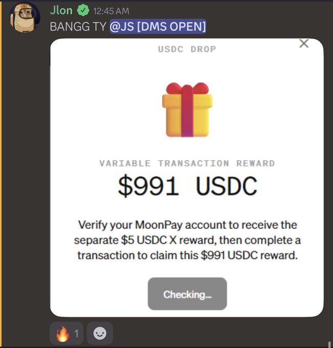 A Discord message from user "Jlon" advertises a "$991 USDC" USDC drop reward, prompting users to "Verify your MoonPay account" to claim the prize, with a "Checking..." button displayed. The image illustrates the type of free crypto reward giveaway being promoted in the accompanying post, which claims members could receive "$150+" or even "$1,000+" directly to their Solana wallets through a paid trial service.