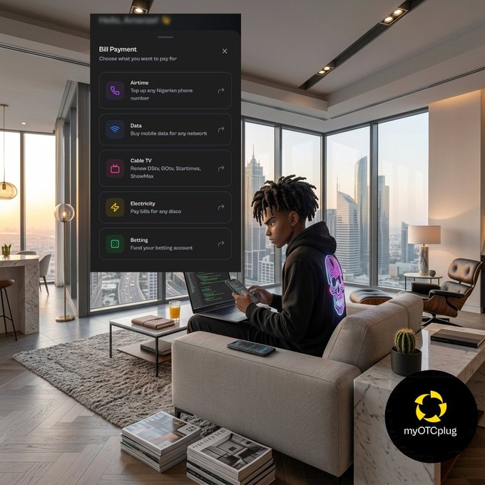 A digital illustration of a young man with dreadlocks sitting in a modern apartment using his phone and laptop, with an overlay showing a "Bill Payment" menu with options for Airtime, Data, Cable TV, Electricity, and Betting, branded with "myOTCplug".