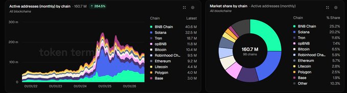 The image features two charts from Token Terminal showing blockchain activity: a stacked area chart tracking monthly active addresses from 01/01/22 to 01/01/25, growing to 160.7M (+284.5%), and a donut chart breaking down the 160.7M market share by chain, with BNB Chain leading at 25.2% (40.6M) and Solana at 20.2% (32.5M), together representing the roughly 45% concentration highlighted in the post.