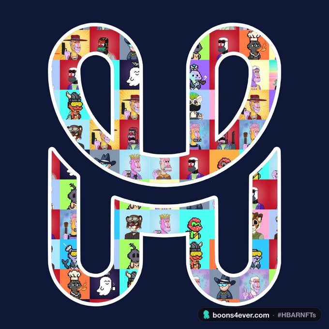 A stylized 'B' logo for HBARNFTs filled with a grid of colorful cartoon character avatars on a dark blue background.